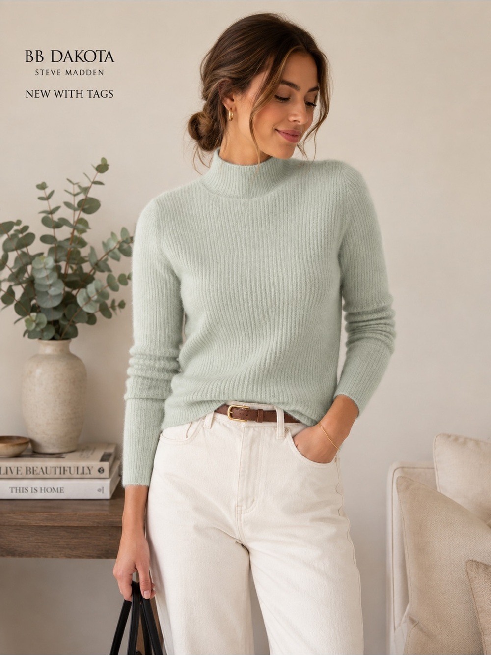 NWT BB Dakota Steve Madden Ribbed Mock Neck Sweater Mint Green Size M